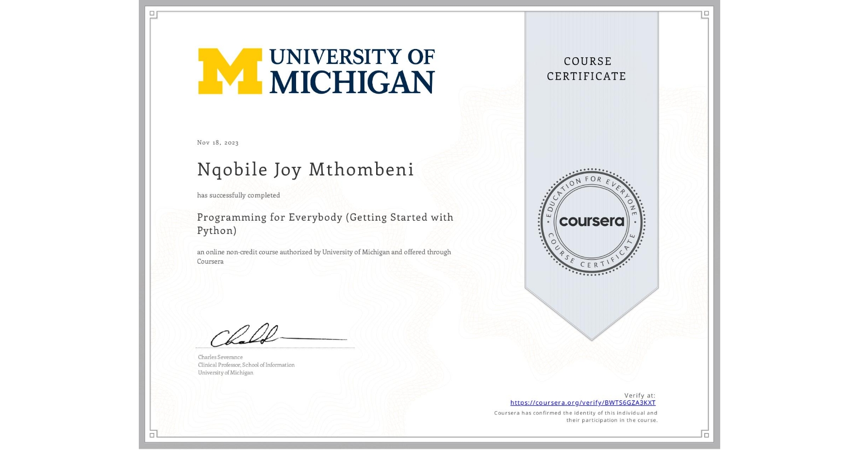 University of Michigan Python Certificate